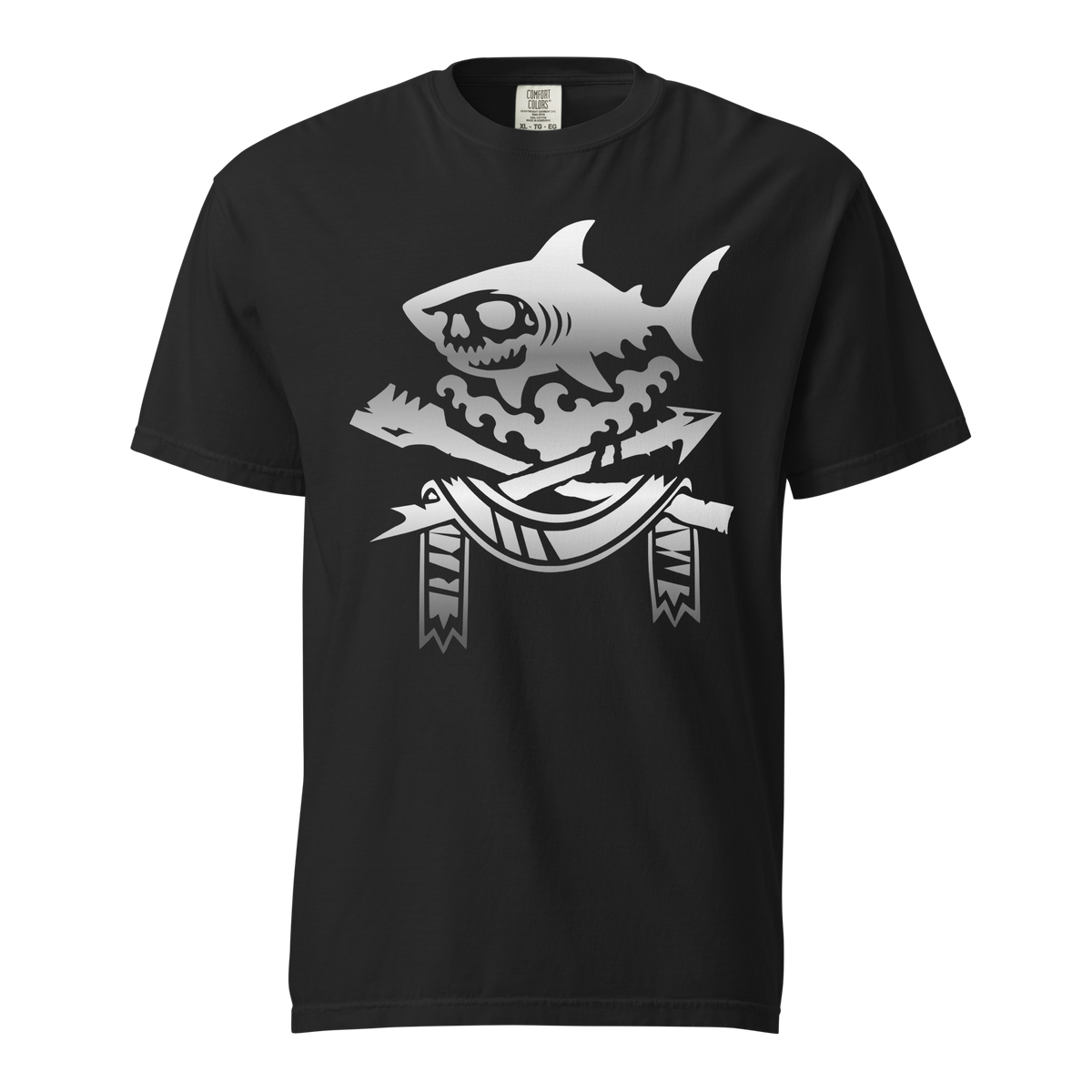 Black unisex tee featuring a silver metallic graphic of a skull-faced shark over stylized waves above a crossed harpoon and oar with a tattered banner, apparel.