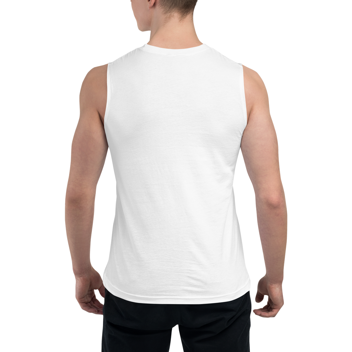 Back view of a plain white sleeveless muscle tank top worn by a male model against a transparent background, showing a clean unprinted design, apparel.