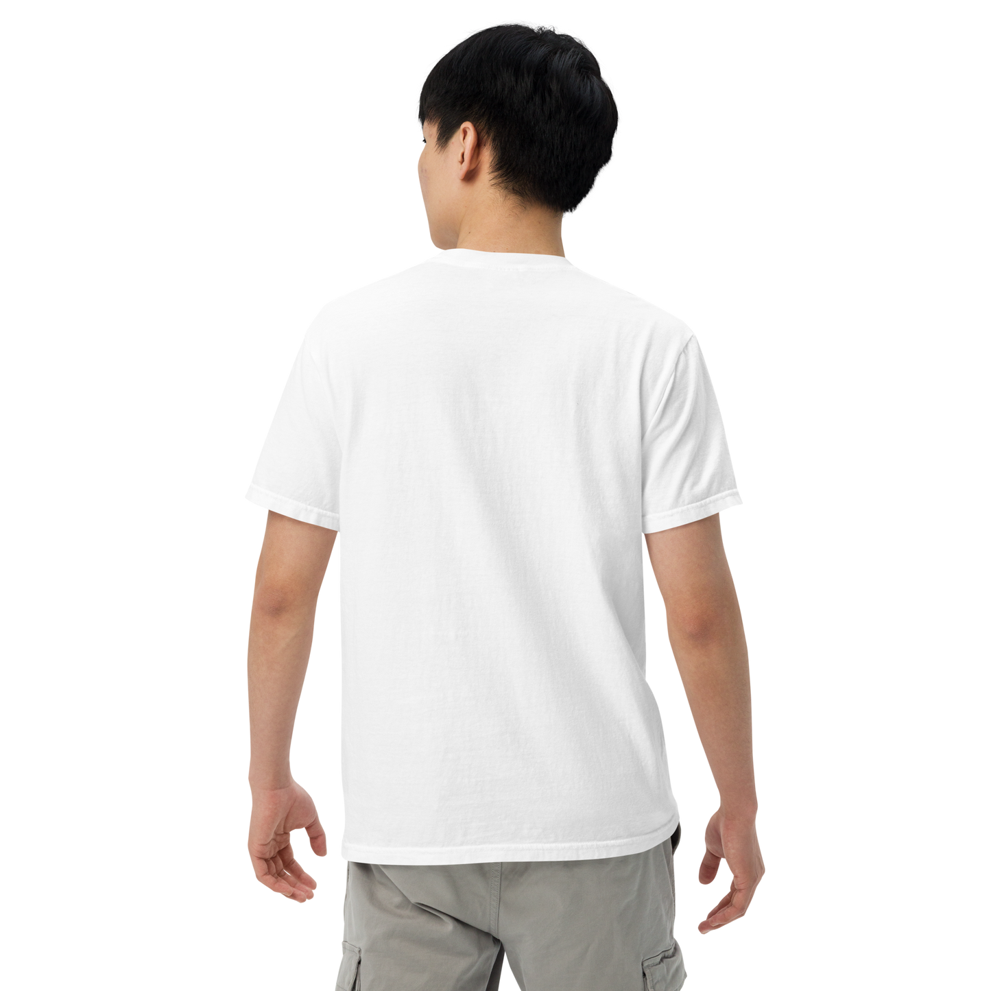 Back view of a man wearing a plain white heavyweight crew neck t-shirt, shown against a transparent background.