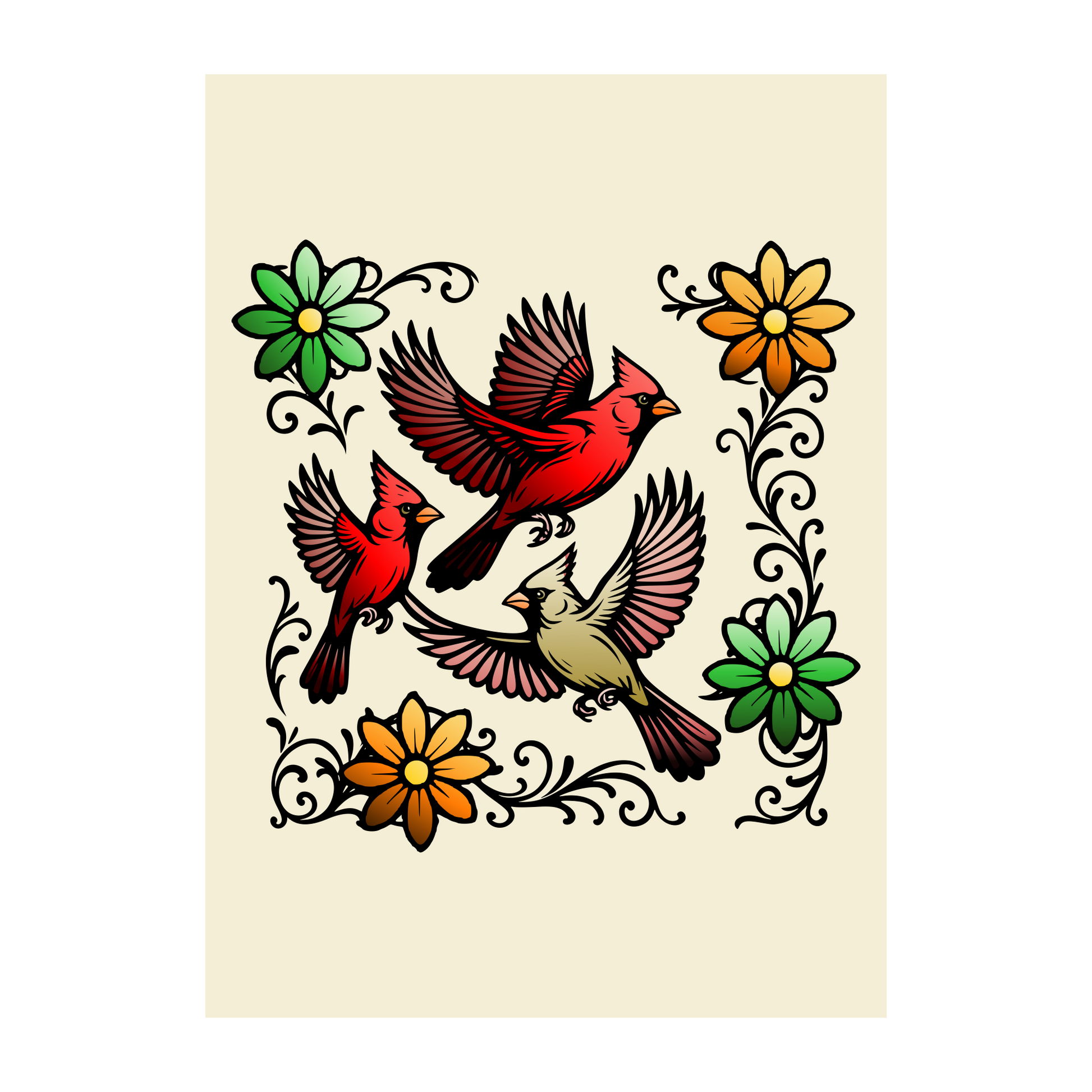 Three flying cardinals in red and tan tones surrounded by green and orange flowers with black scrollwork on a beige background, traditional style wall art.