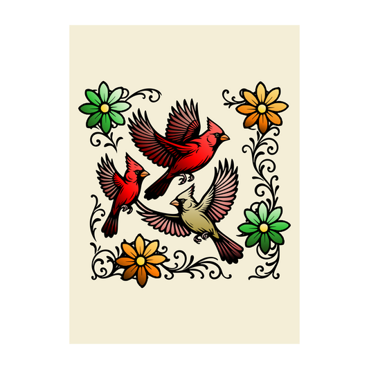Three flying cardinals in red and tan tones surrounded by green and orange flowers with black scrollwork on a beige background, traditional style wall art.