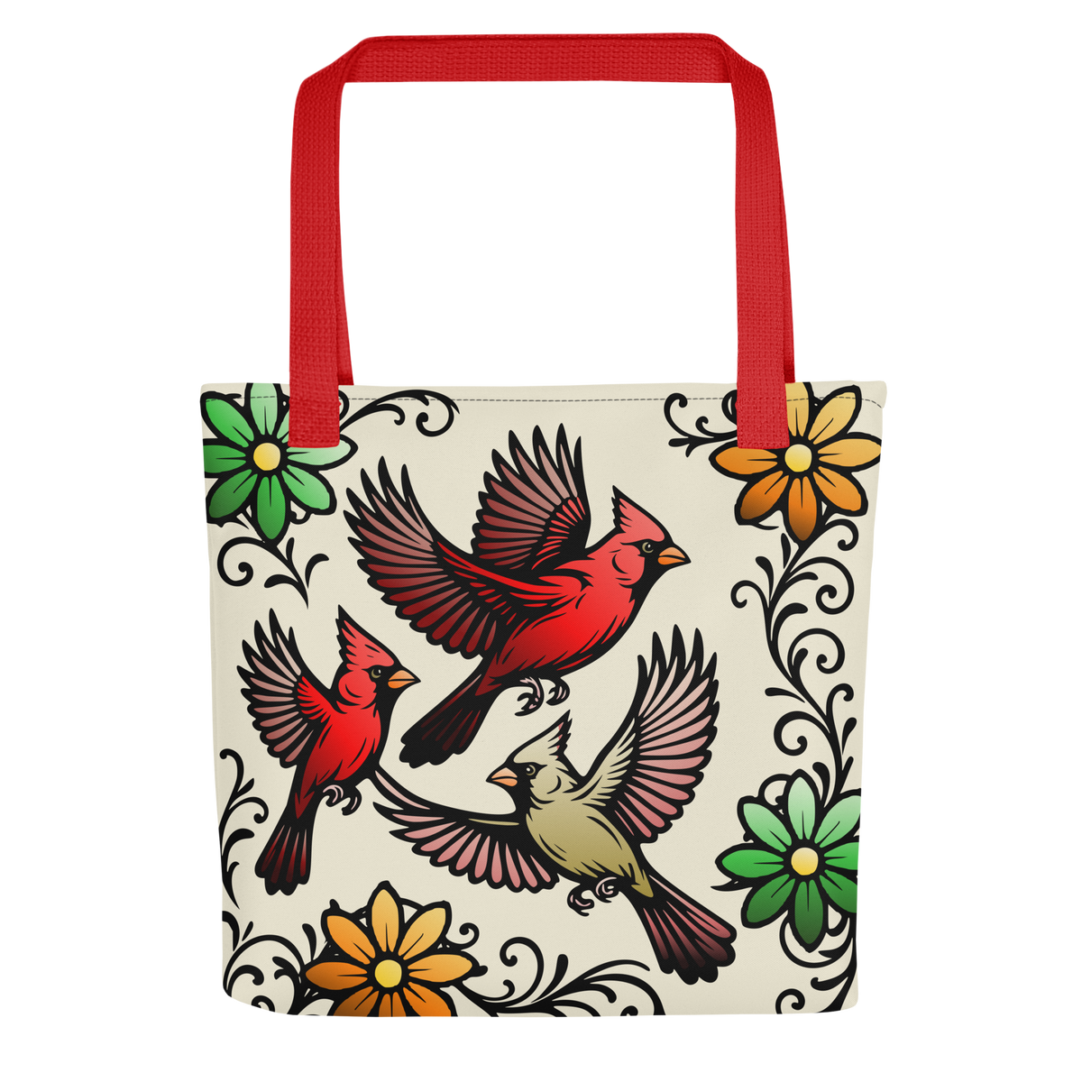 Cream tote bag with red handles featuring bold tattoo-style art of three flying cardinals and colorful flowers with black filigree scrollwork.