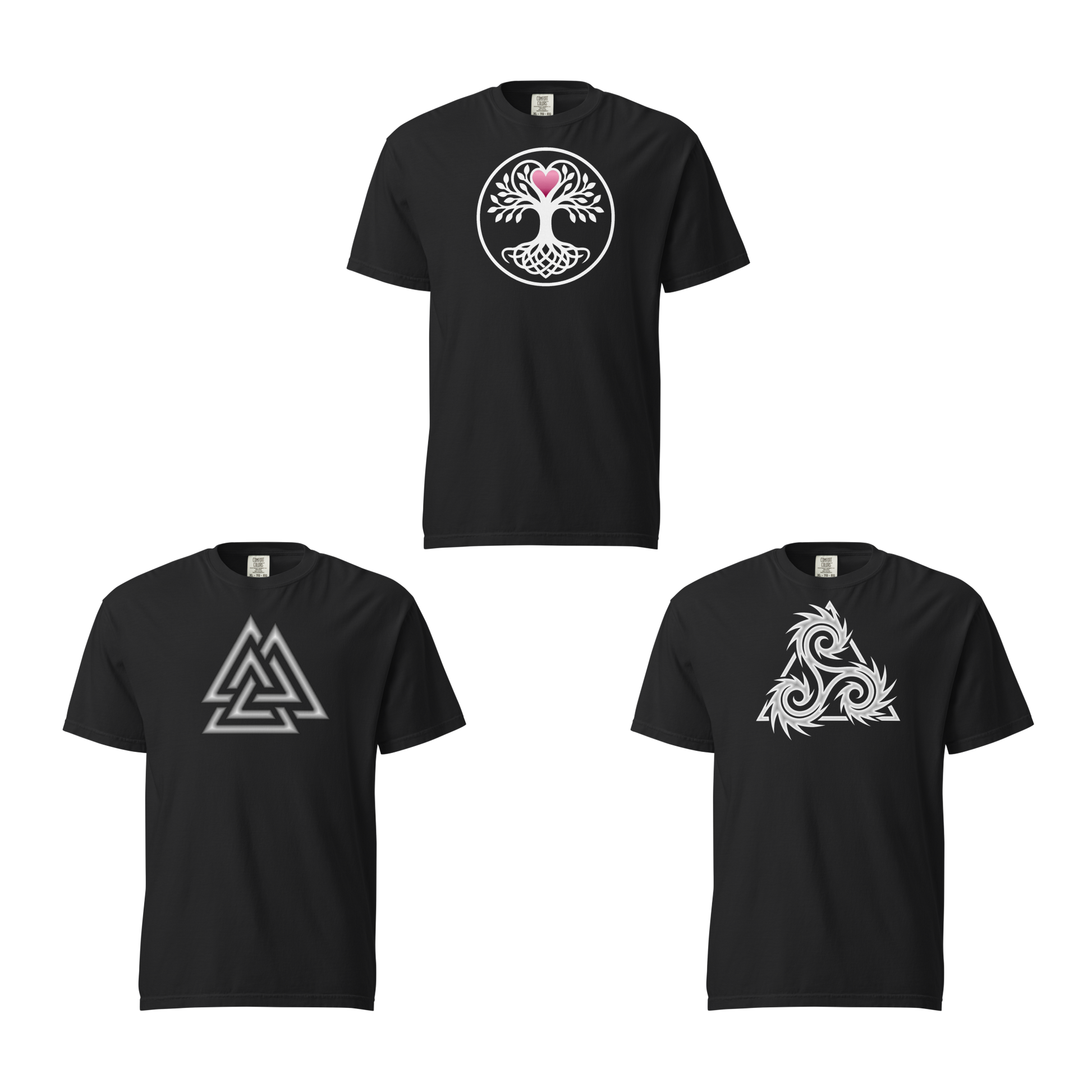 Three black unisex t-shirts featuring Norse symbols: a Celtic Tree of Life with pink heart in a white circle, a white to silver Valknut, and a white tribal triskelion. Apparel graphic set.