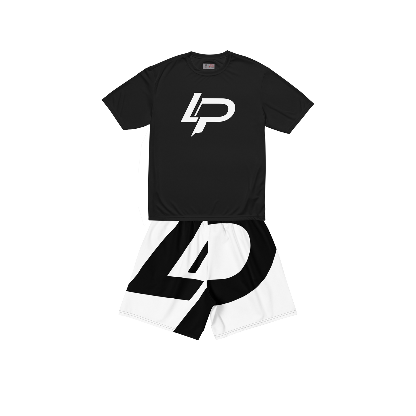 Black athletic t-shirt with bold white "LP" logo paired with white shorts featuring oversized black "LP" lettering; matching two-piece apparel set.