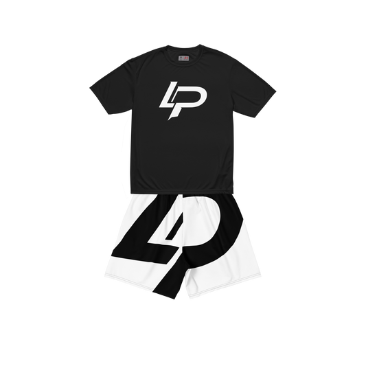 Black athletic t-shirt with bold white "LP" logo paired with white shorts featuring oversized black "LP" lettering; matching two-piece apparel set.