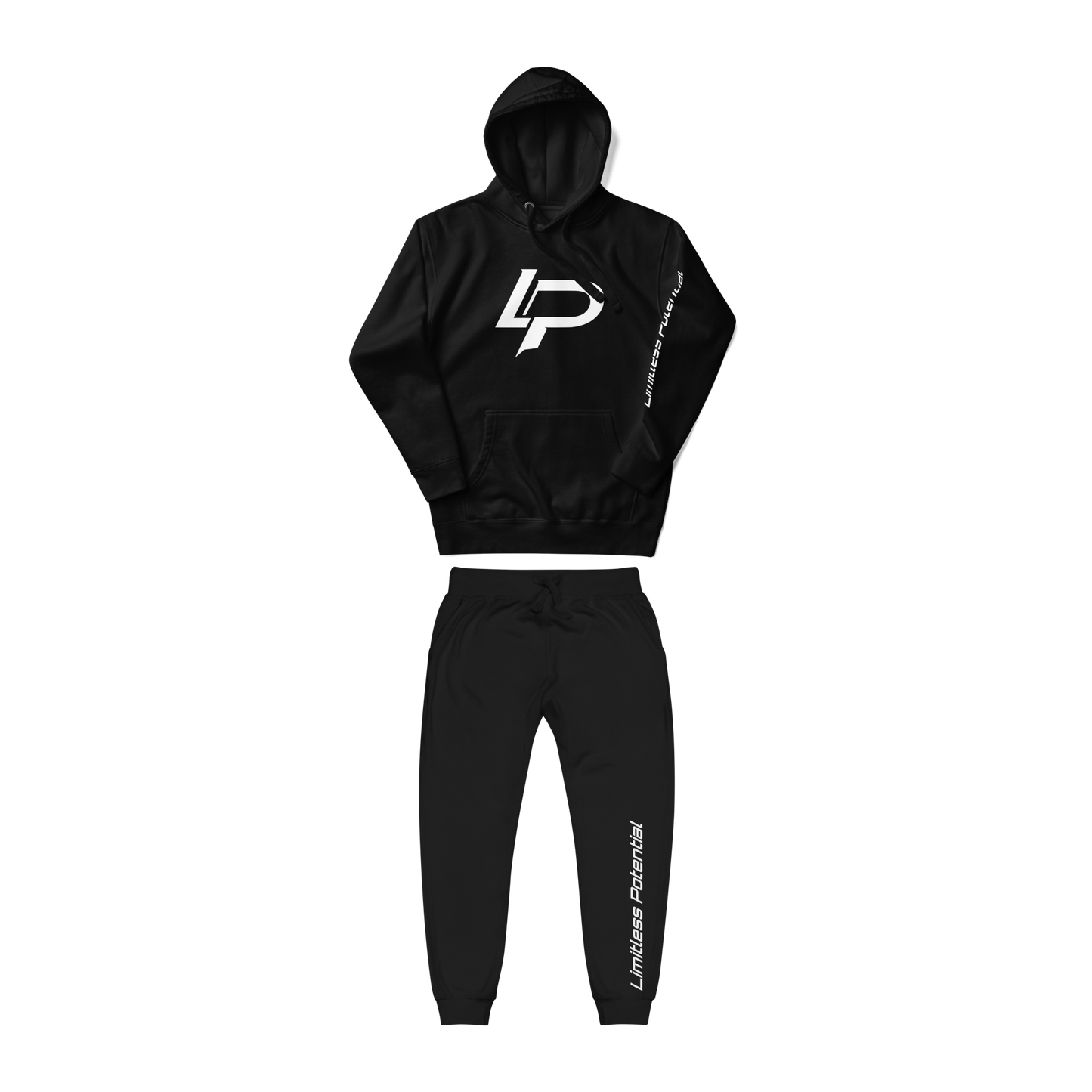 Black hoodie and black jogger pants with a white "LP" logo on the chest and white "Limitless Potential" text on the left sleeve and left leg, apparel.