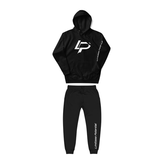 Black hoodie and black jogger pants with a white "LP" logo on the chest and white "Limitless Potential" text on the left sleeve and left leg, apparel.