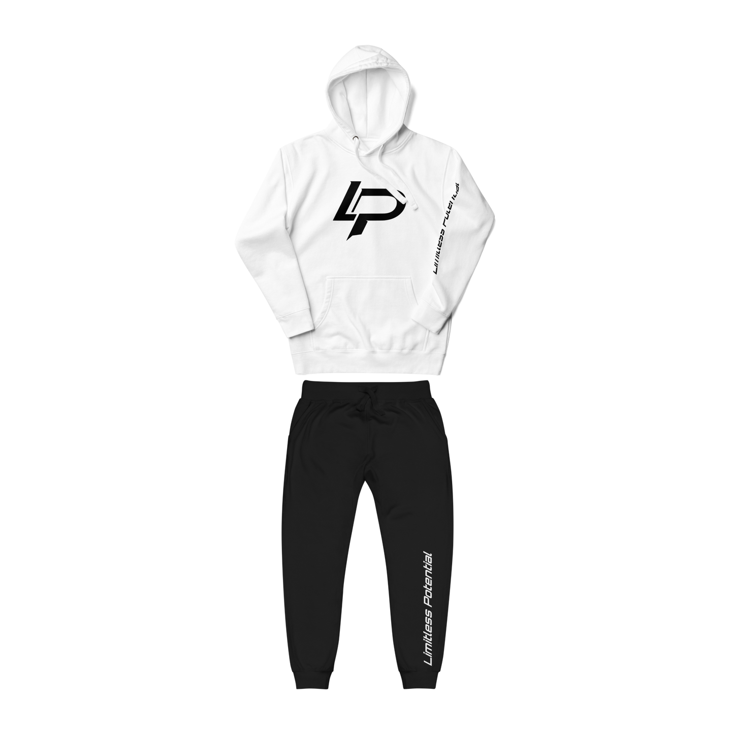 White hoodie with bold black "LP" logo and "Limitless Potential" sleeve text, paired with black joggers with matching white leg text, apparel set.