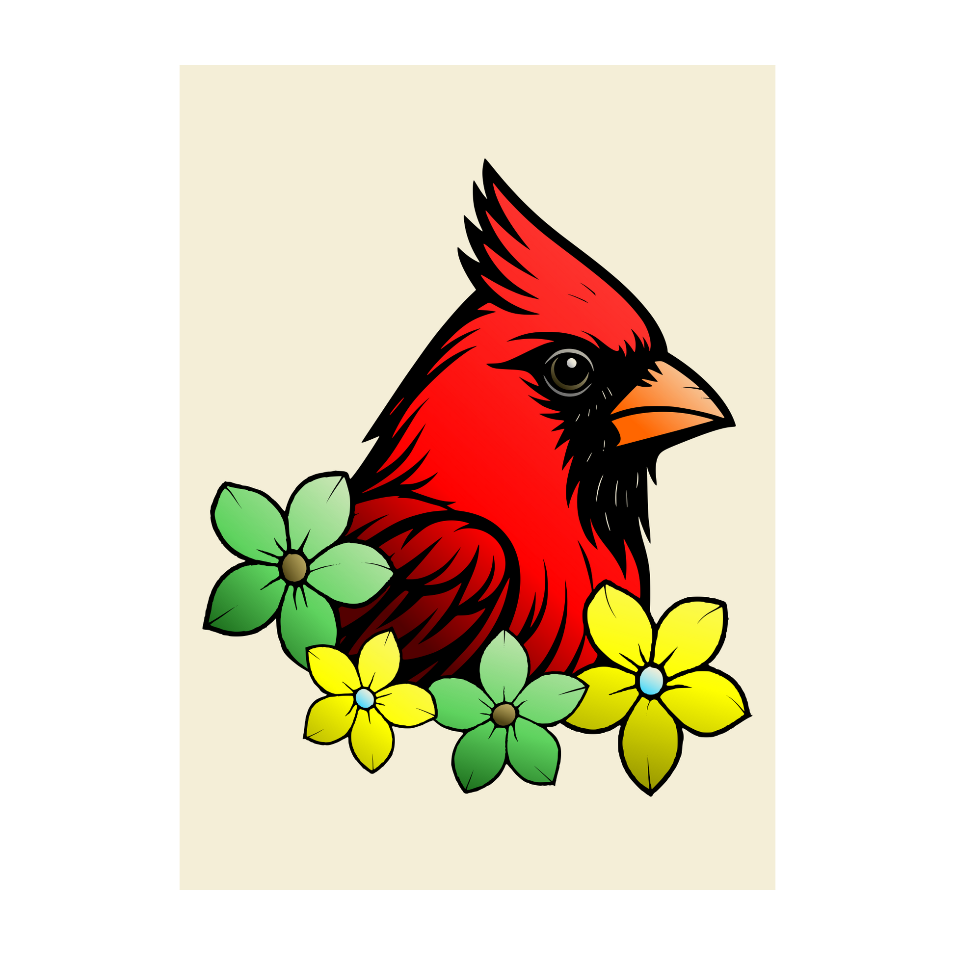 Bold illustration of a red cardinal with black markings and orange beak, surrounded by green and yellow flowers on a beige background. Wall art print.