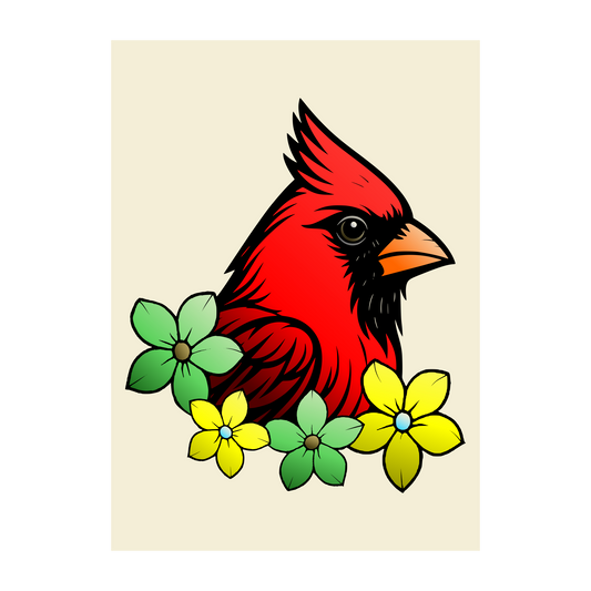 Bold illustration of a red cardinal with black markings and orange beak, surrounded by green and yellow flowers on a beige background. Wall art print.