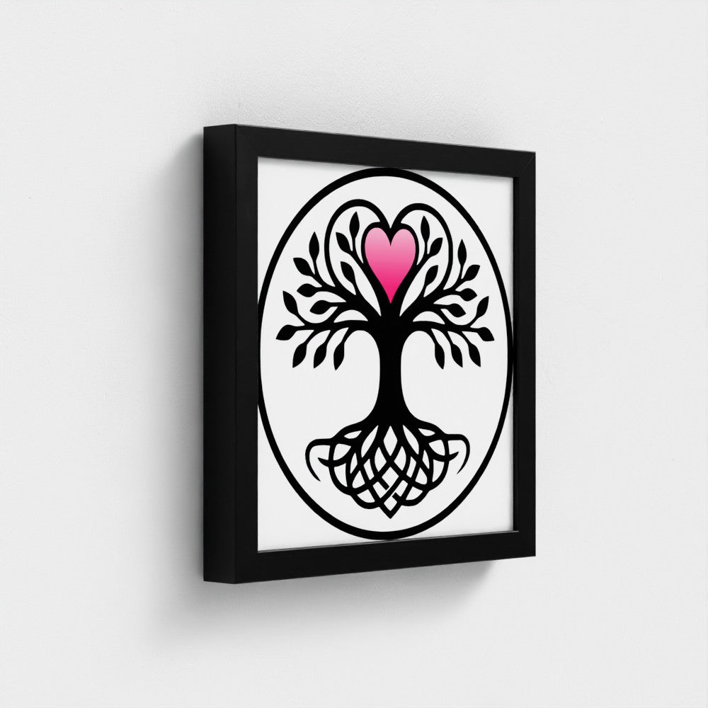 Black and white tree of life with interwoven roots and a pink heart at its crown, enclosed in a circle, in a black frame. Framed wall art.