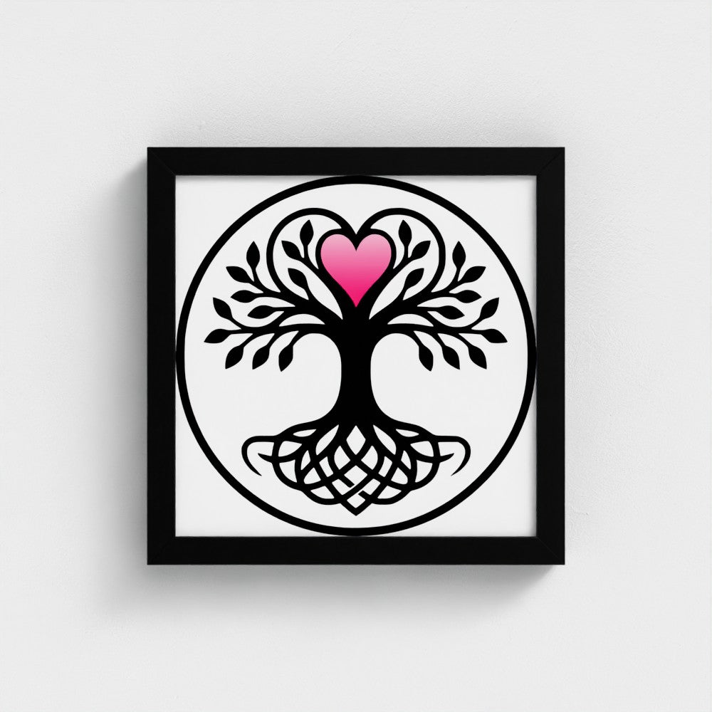 Black and white Tree of Life with interwoven roots and a pink heart at its crown, enclosed in a circle, framed wall art.