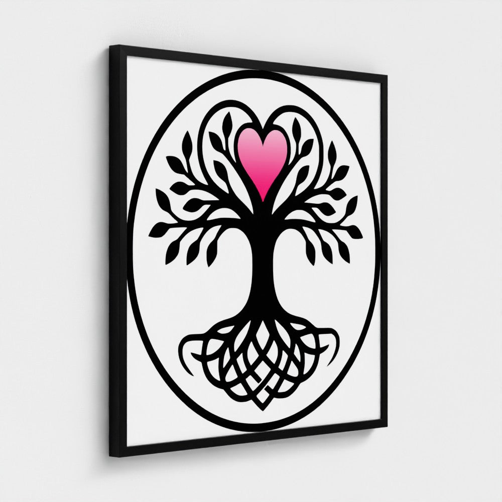 Black and white Tree of Life with interwoven roots and a pink heart at its crown, enclosed in a frame. Framed wall art.