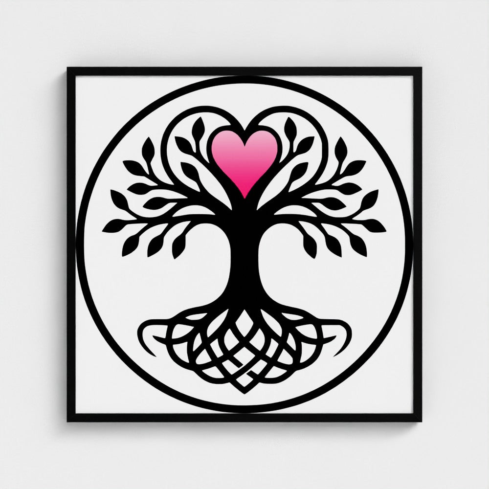 Black and white Tree of Life with interwoven knot-work roots and a pink gradient heart at the crown, enclosed in a bold circle, framed wall art.