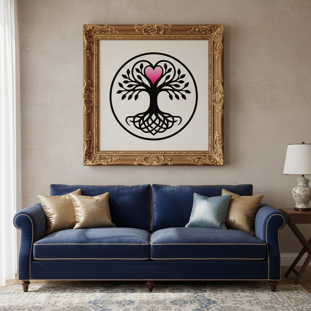 Black and white Yggdrasil Tree of Life with knot-work roots and a pink heart at its center, encircled in a round border, displayed in an ornate gold frame above a navy sofa — wall art.