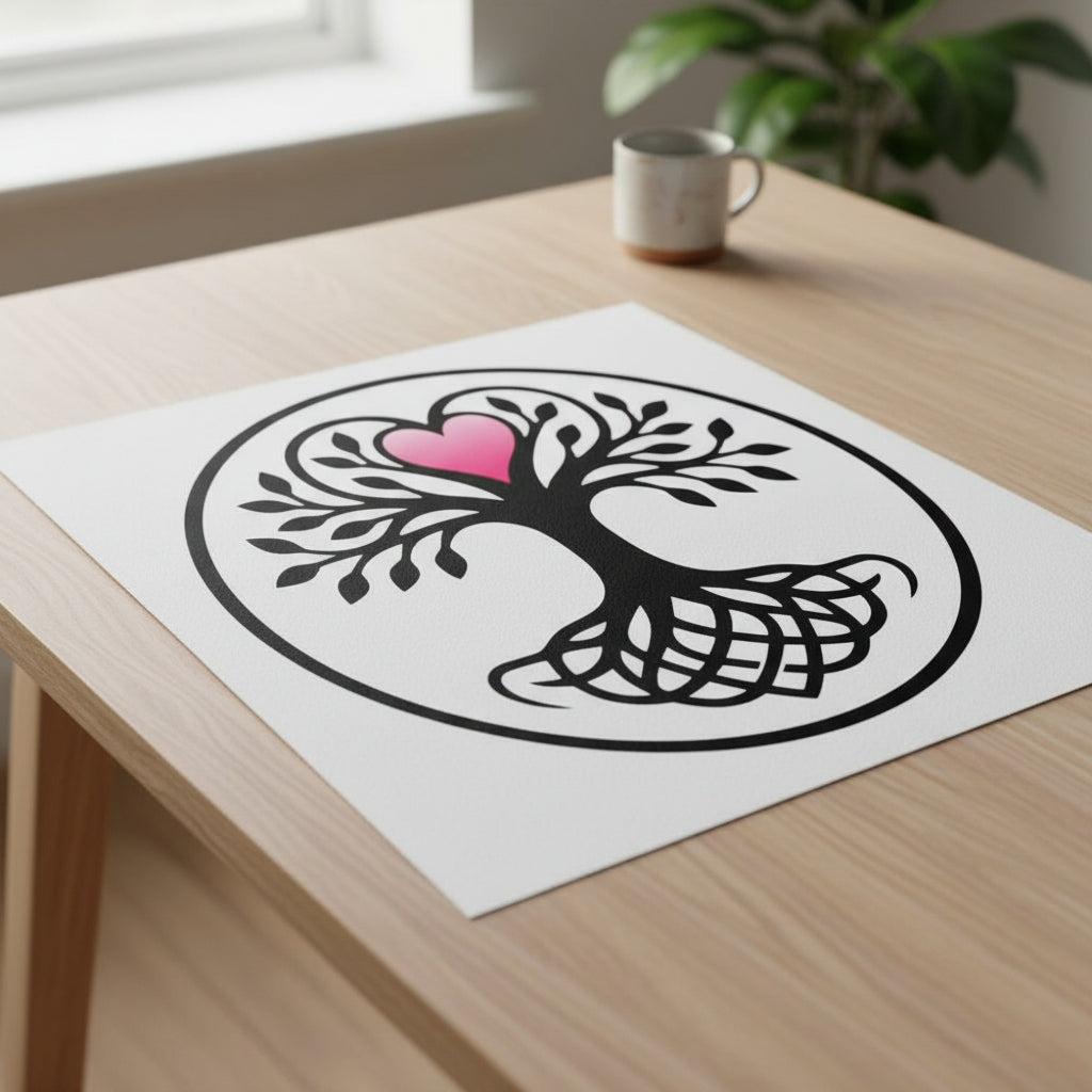 Black tree of Life with intertwined roots enclosed in a circle, centered with a pink gradient heart, on white wall art print.