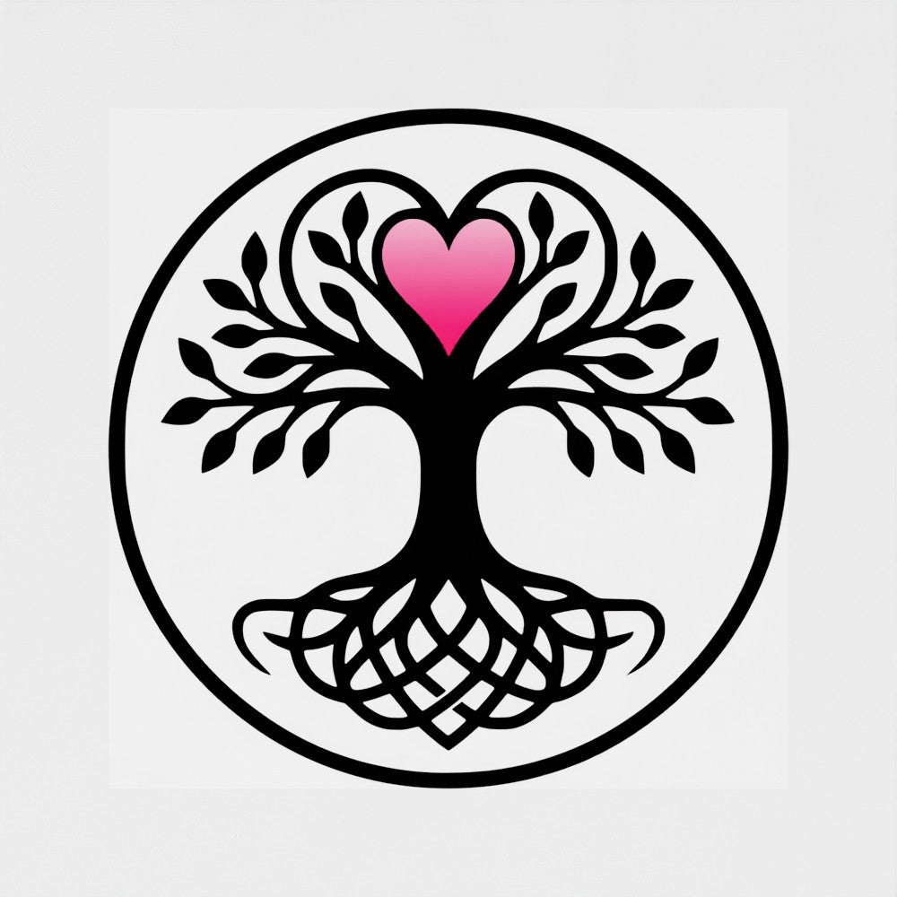 Black and white tree of life with intertwined knot-work roots and a pink gradient heart at the crown, enclosed in a circle. Wall art graphic.