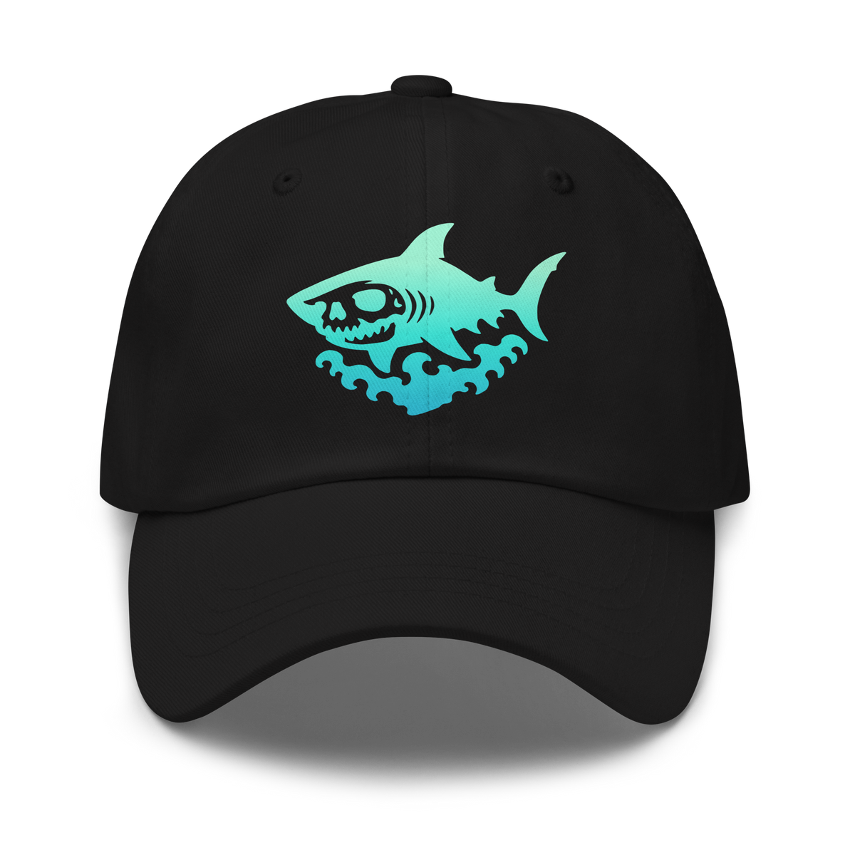Black dad hat featuring a teal-to-blue gradient skull-faced shark over stylized ocean waves, centered on the front panel.