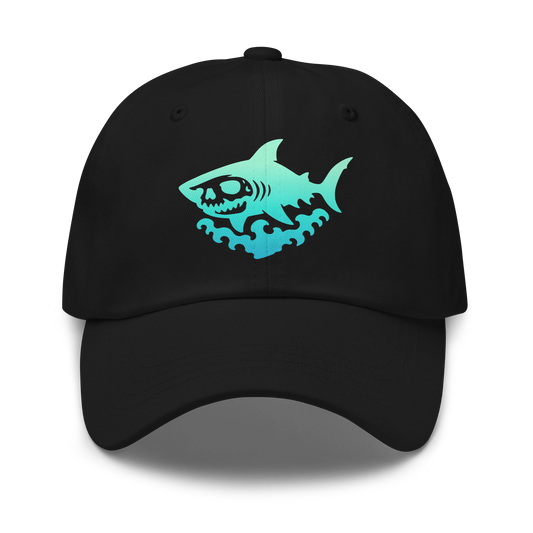 Black dad hat featuring a teal-to-blue gradient skull-faced shark over stylized ocean waves, centered on the front panel.