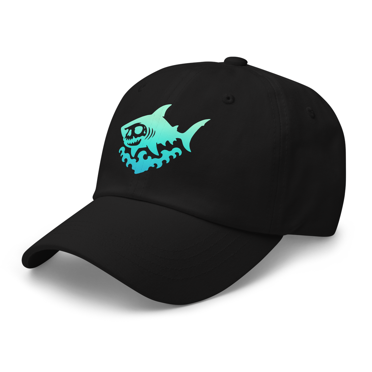 Black dad hat, angled from the left, featuring a teal-to-blue gradient skeletal shark over stylized waves, with hollow skull eyes and jagged teeth.