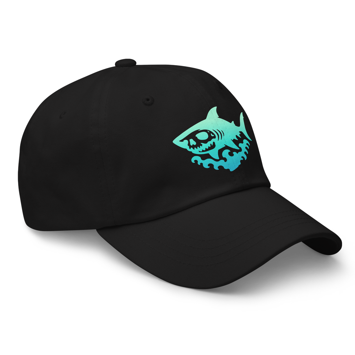 Black dad hat angled from the right, featuring a teal-to-cyan gradient skull-faced shark over stylized dark waves, printed on the front panel.