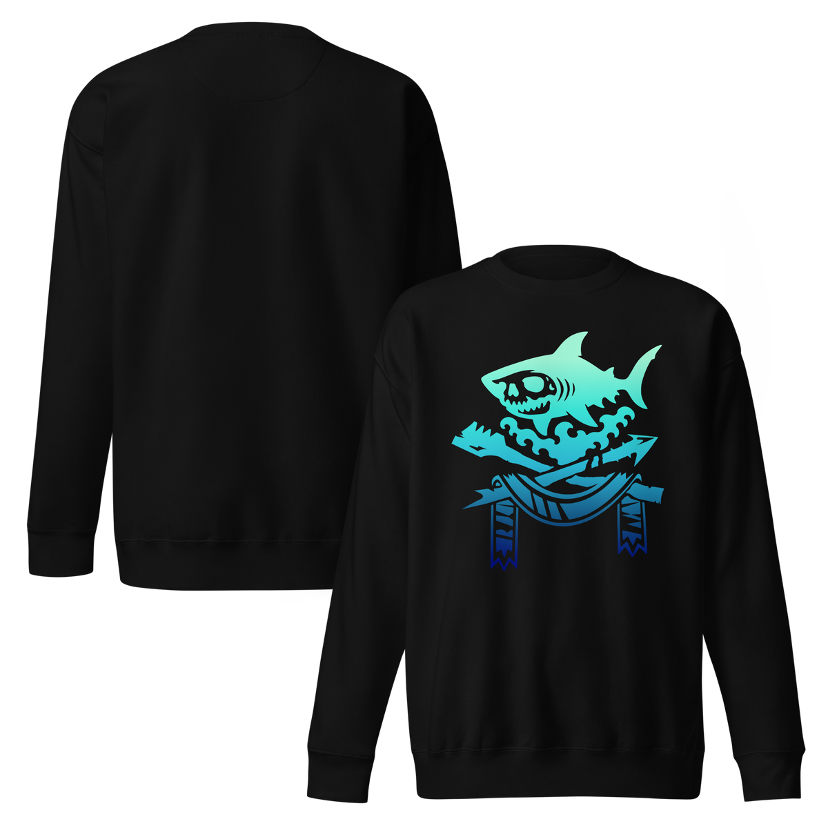 Black crewneck sweatshirt. Front and back view featuring a teal-to-blue gradient skull-faced shark over stylized waves above crossed harpoon and oar with hanging banner, dark fantasy apparel graphic.
