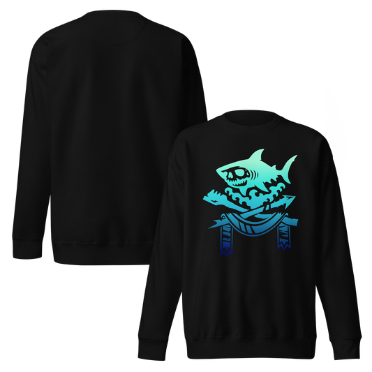 Black crewneck sweatshirt. Front and back view featuring a teal-to-blue gradient skull-faced shark over stylized waves above crossed harpoon and oar with hanging banner, dark fantasy apparel graphic.