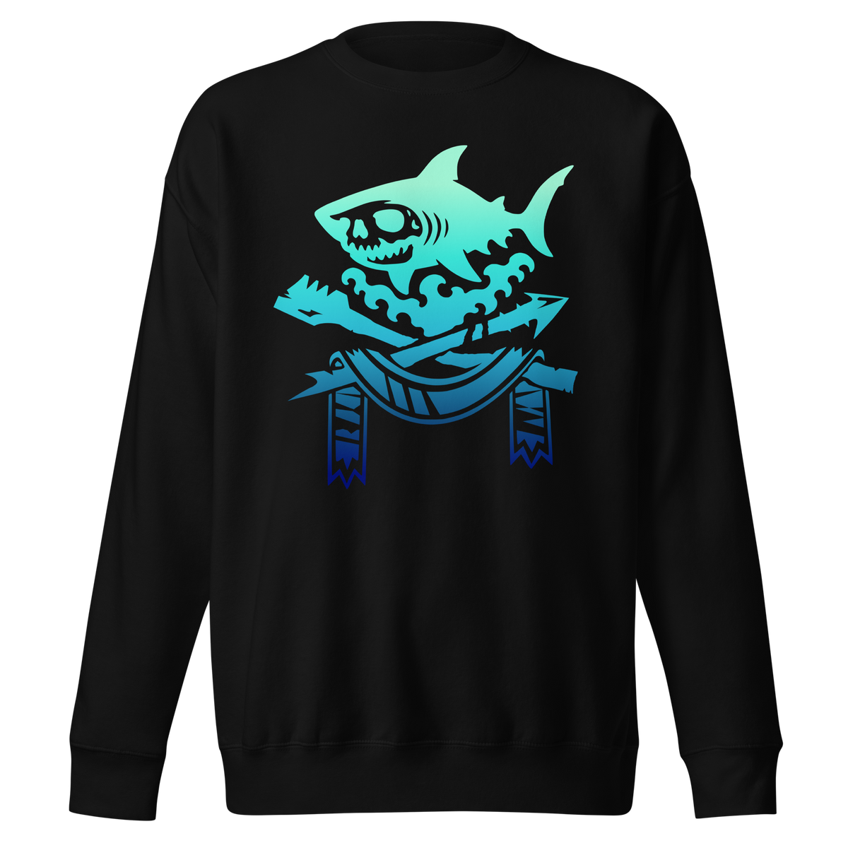 Black crewneck sweatshirt featuring a teal-to-blue gradient skull-faced shark surging over ocean waves above an oar and harpoon, with ornate hanging banners below; dark fantasy apparel graphic.