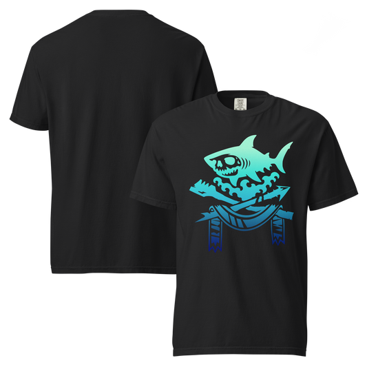 Black unisex tee featuring a cyan-to-blue gradient skull shark over ocean waves, a harpoon, oar, and banner. Front and back view. Dark fantasy apparel graphic.
