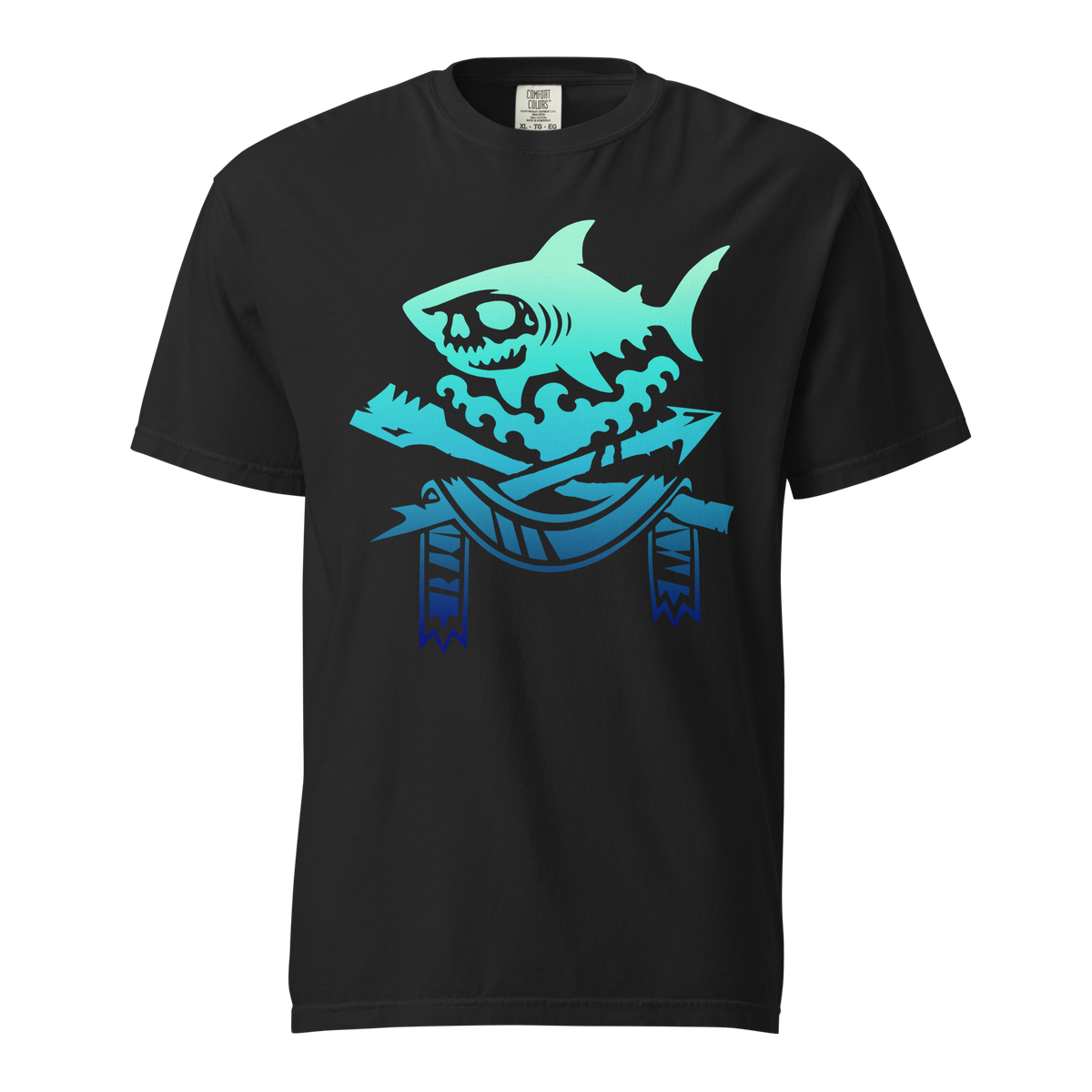 Black unisex tee featuring a teal-to-blue gradient skull shark over stylized ocean waves, a harpoon, oar, and banner. Dark fantasy apparel graphic.