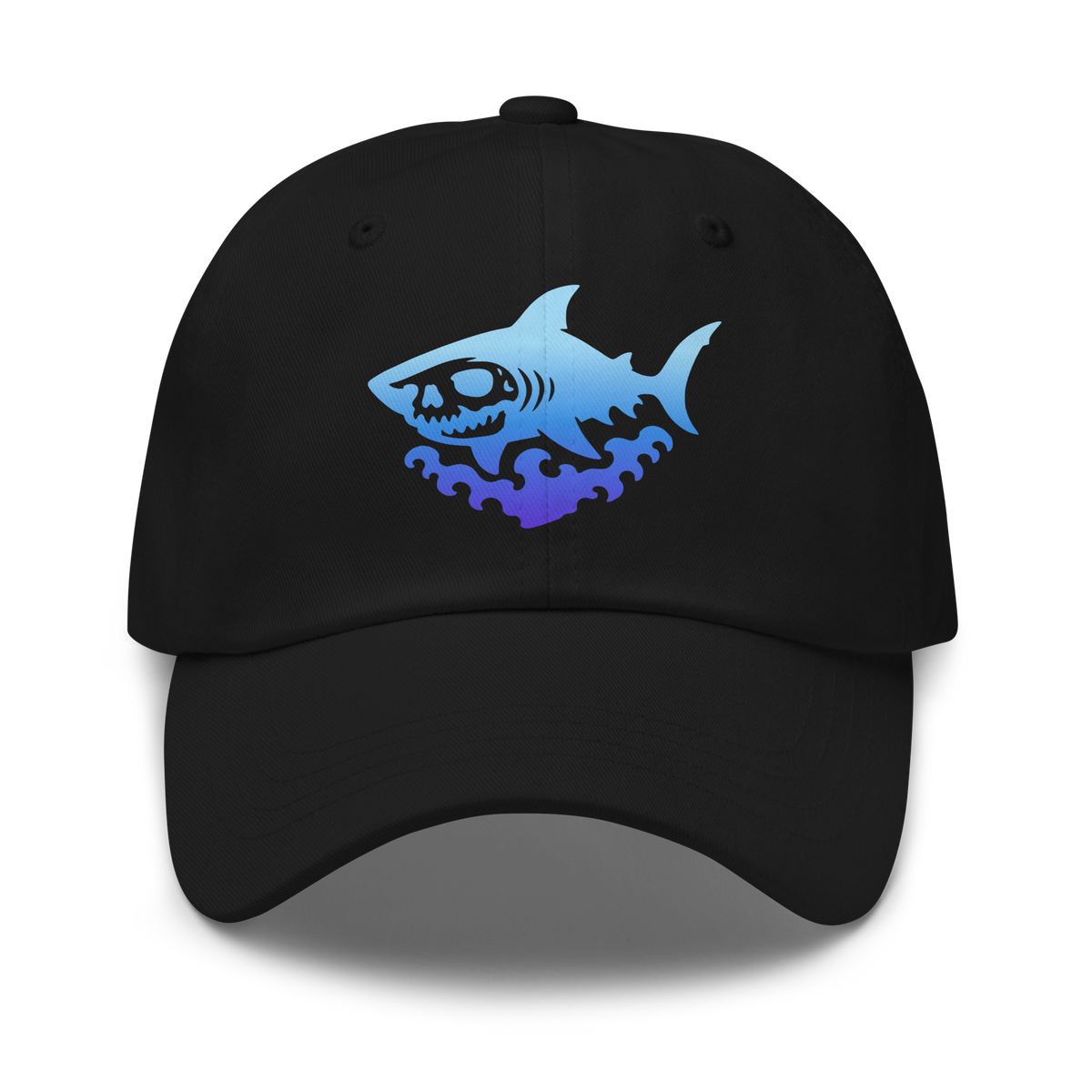 Black dad hat featuring a blue-to-purple gradient skull-faced shark rising from stylized dark waves, centered on the front panel.