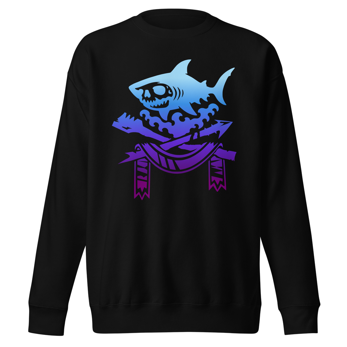 Black crewneck sweatshirt featuring a blue-to-purple gradient skull-faced shark over stylized waves with an oar, harpoon, and decorative banner below; dark fantasy apparel graphic.