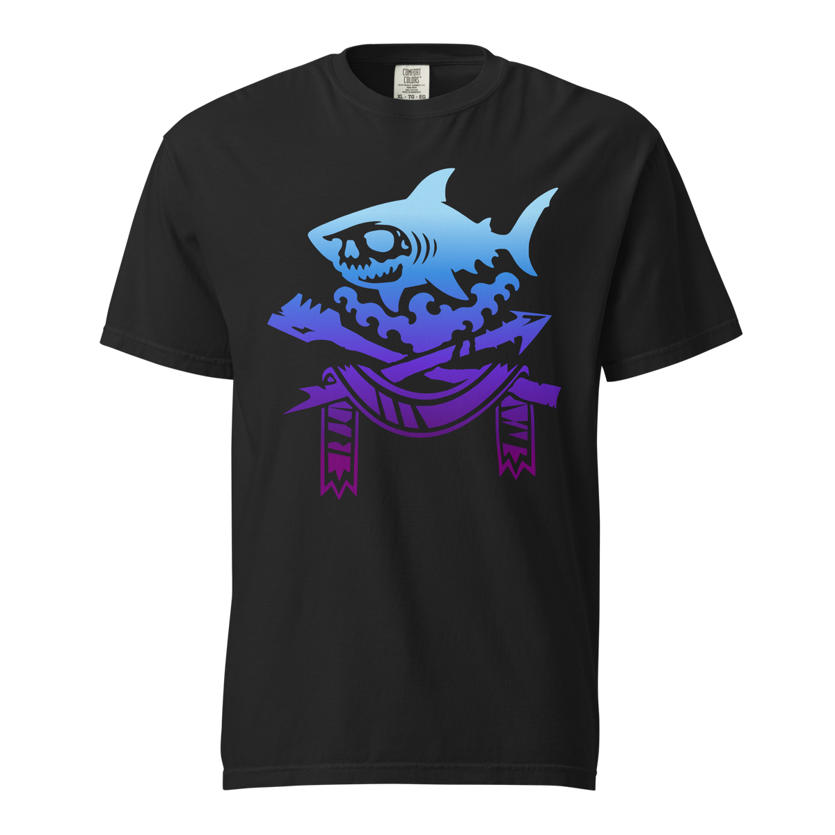 Black t-shirt featuring a blue-to-purple gradient skull-faced shark over stylized waves above crossed oar and harpoon with a decorative banner with jagged pennant flags, apparel graphic.