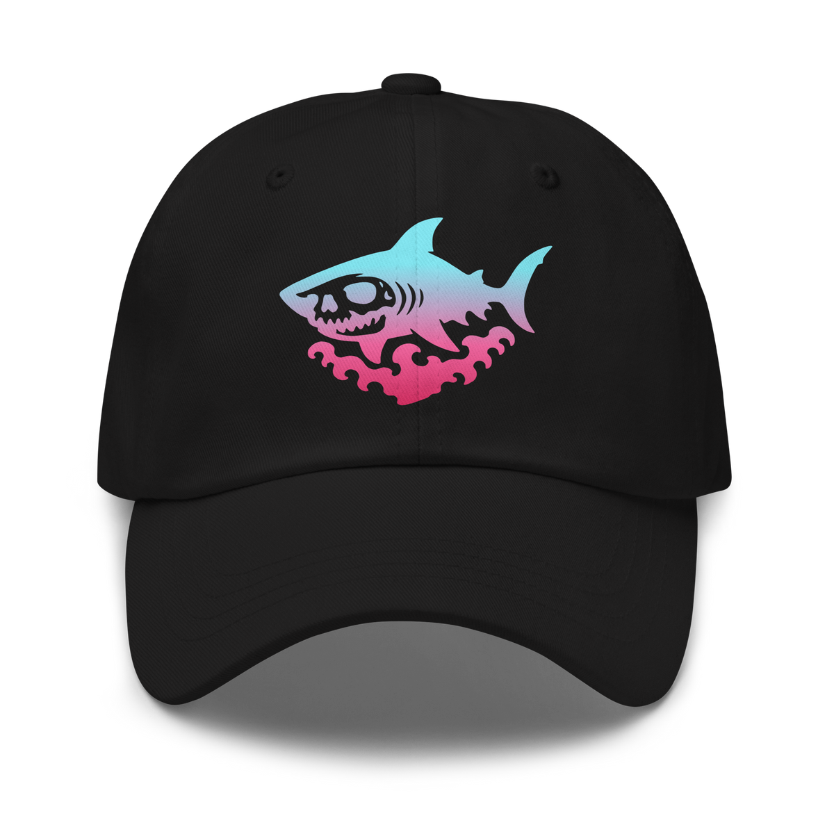 Black dad hat featuring a skull-faced shark with a blue-to-red gradient over stylized red waves, centered on the front panel.