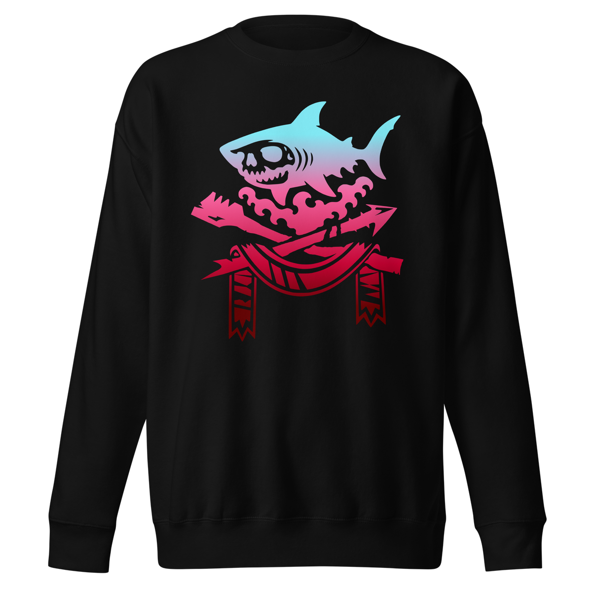 Black crewneck sweatshirt featuring a cyan-to-crimson gradient skull-faced shark over crossed harpoon and oar, waves, and tattered banners. Apparel graphic.