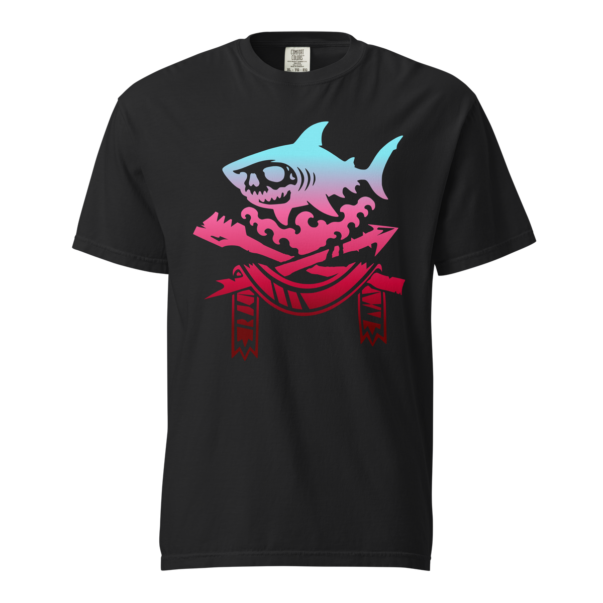 Black t-shirt featuring a cyan-to-red gradient skull-faced shark above crossed oar and harpoon with a tattered banner, in bold dark fantasy graphic style.