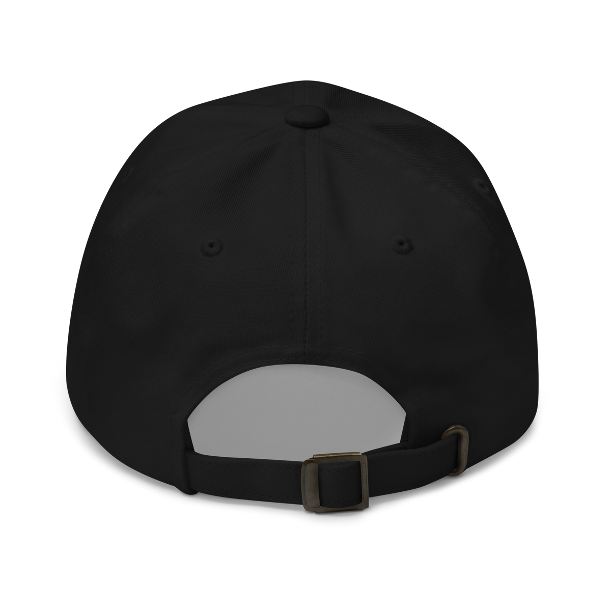 Back view of a solid black structured dad hat with a brass slider buckle adjustment strap, apparel.