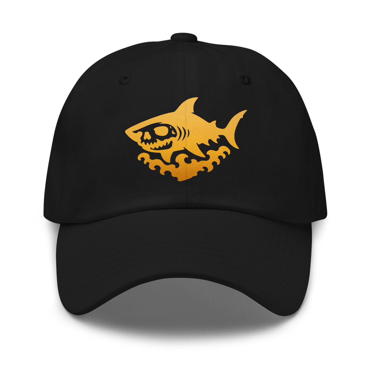 Black dad hat featuring a golden orange skull-faced shark over stylized waves, centered on the front panel.