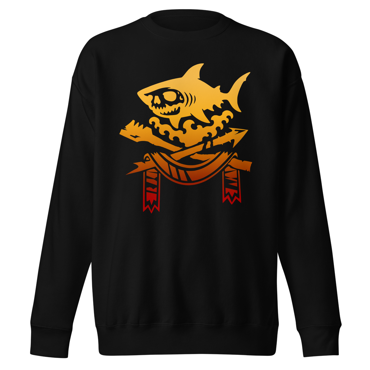 Black crewneck sweatshirt featuring a light-to-dark, golden orange gradient skull-faced shark over waves, oar, harpoon, and banner, apparel graphic.