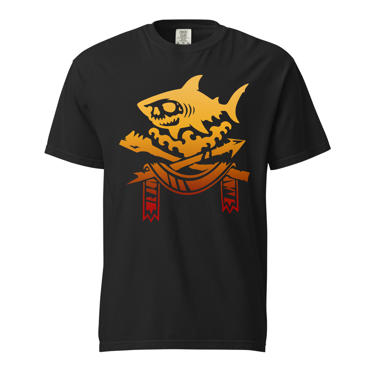 Black unisex tee featuring a bold, golden orange gradient skull-faced shark above crossed oar and harpoon, with a tattered banner and waves, dark fantasy apparel graphic.