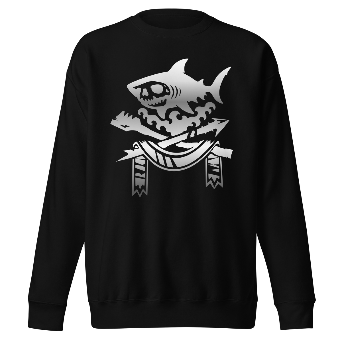 Black crewneck sweatshirt featuring a silver gradient graphic of a skull-faced shark over waves above a crossed oar and harpoon with a decorative banner, apparel graphic.