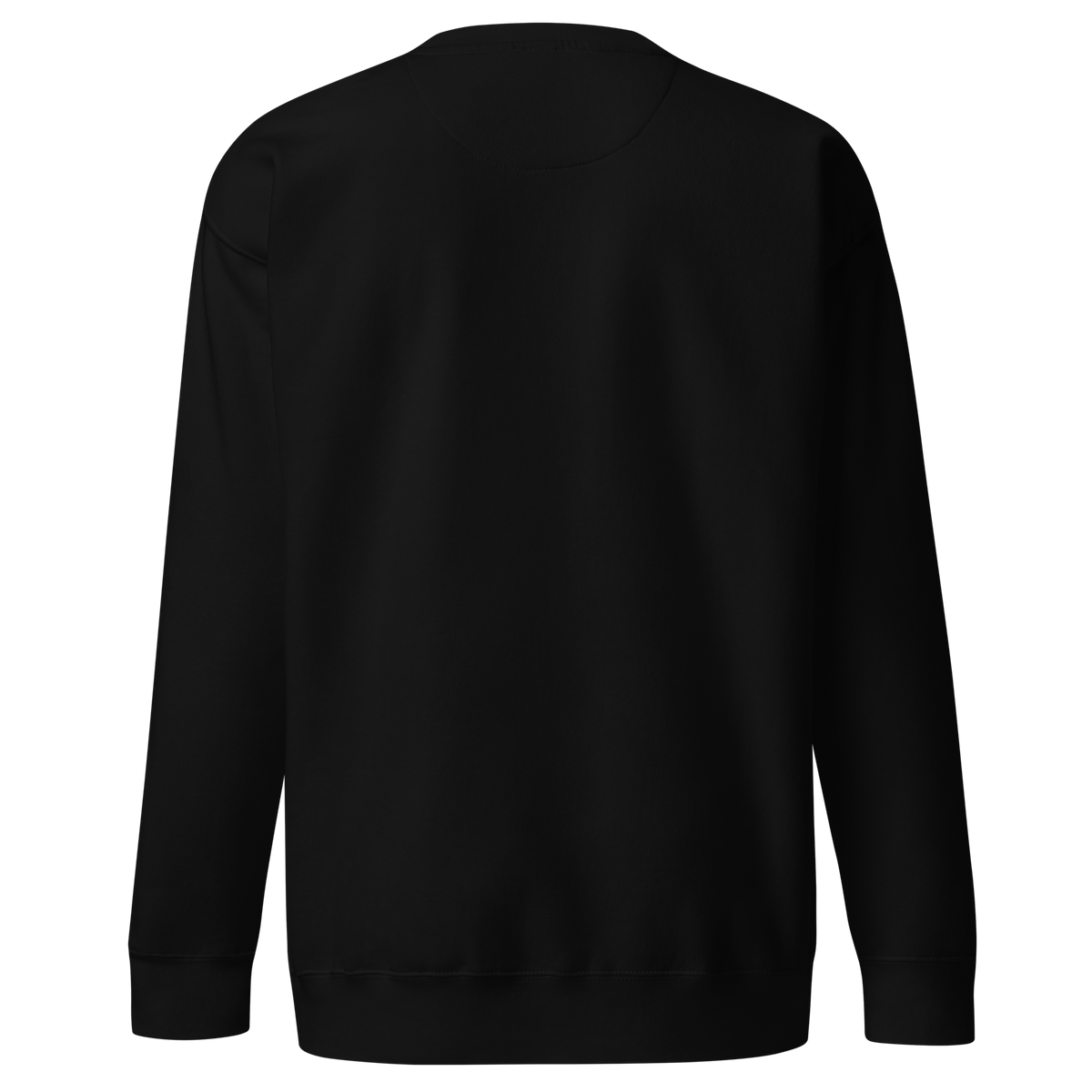 Back view of a plain black crew neck sweatshirt with ribbed cuffs and hem, no graphic, shown on a transparent background.