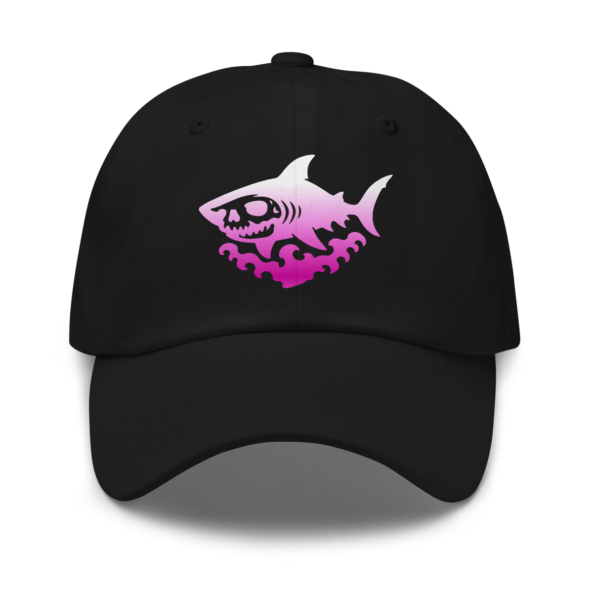 Black dad hat with a skull-faced shark in a white-to-magenta gradient, over dark pink stylized waves.