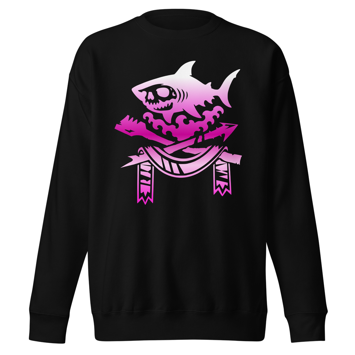 Black crewneck sweatshirt featuring a pink-to-white gradient skull-faced shark over stylized waves, with crossed harpoon and oar, with a hanging banner below, in bold dark fantasy graphic style.
