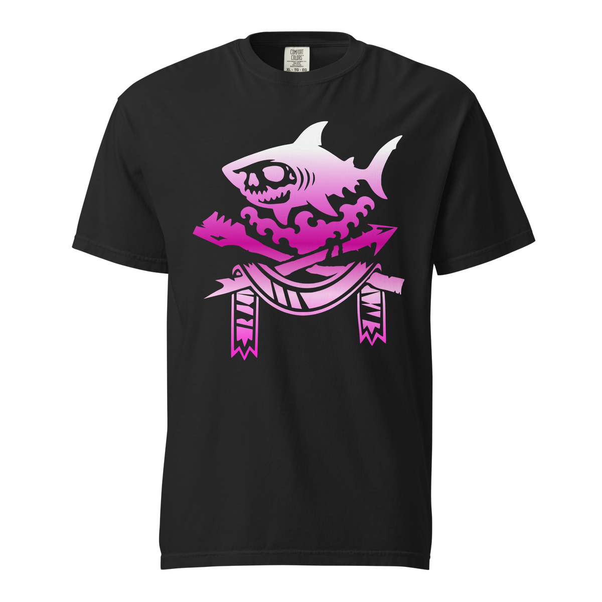 Black unisex tee featuring a pink-to-white gradient skull-faced shark over stylized waves, crossed harpoon and oar, with a damaged banner below, apparel graphic.