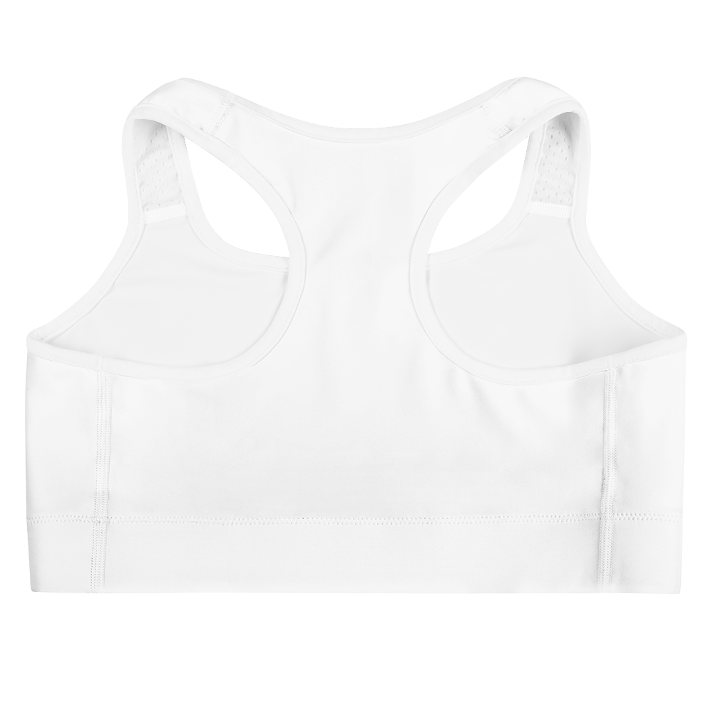 Plain white racerback sports bra shown from the back, featuring mesh accents and a wide elastic band, apparel.