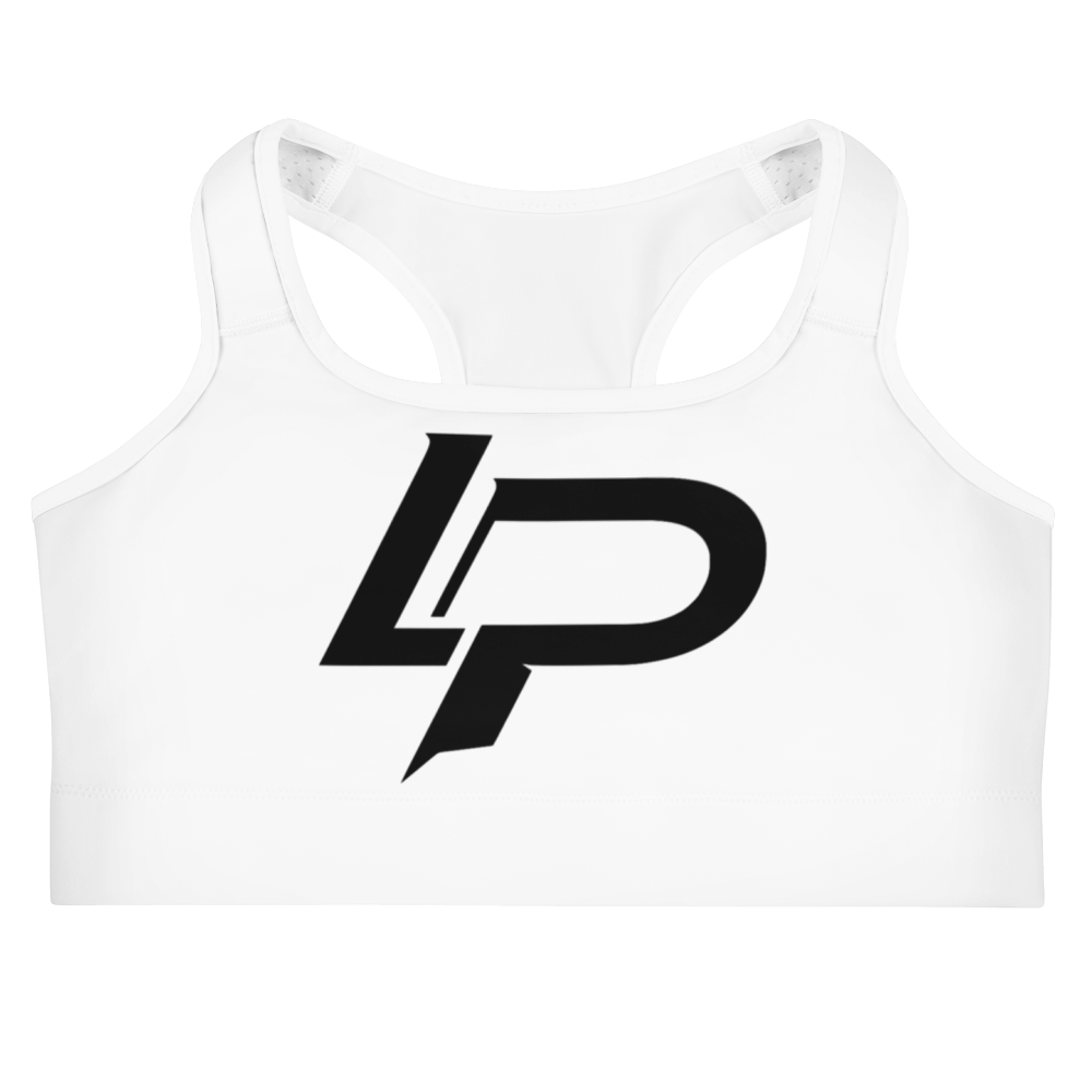 White racerback sports bra featuring a bold black "LP" monogram logo with sharp, angular lettering centered on the chest.
