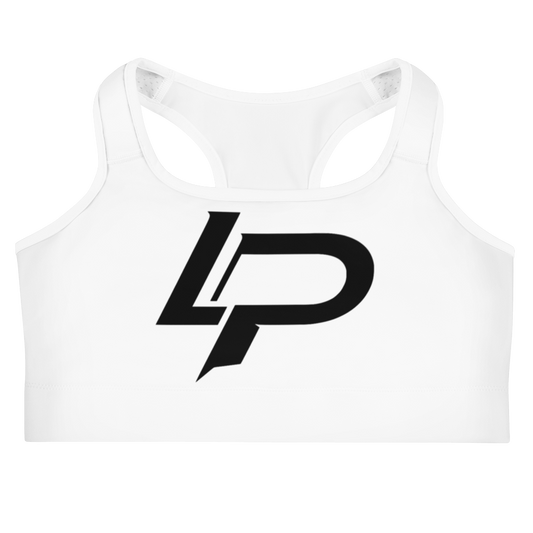 White racerback sports bra featuring a bold black "LP" monogram logo with sharp, angular lettering centered on the chest.