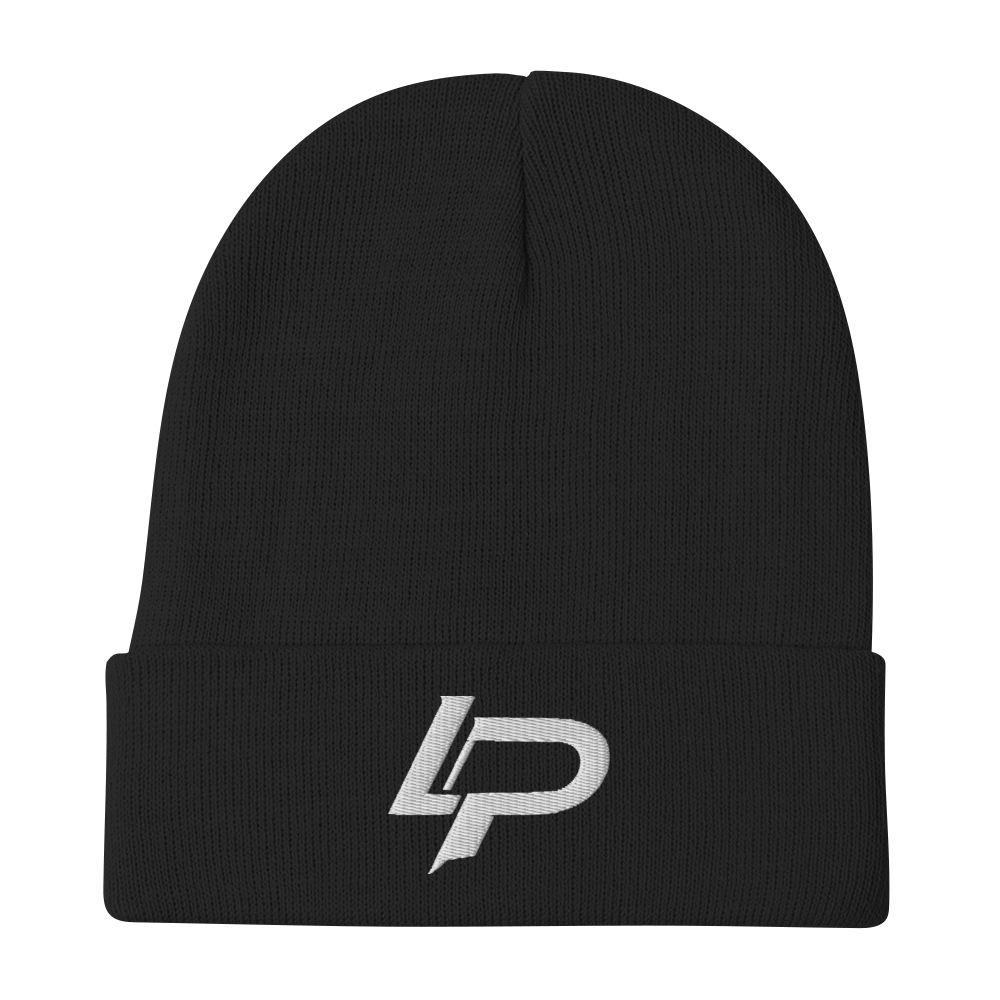 Black knit beanie with a white embroidered "LP" monogram logo on the cuffed brim, shown flat on a transparent background.