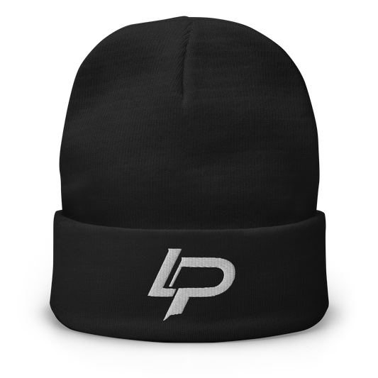 Black cuffed knit beanie with white embroidered "LP" monogram logo on the fold, front view against transparent background.